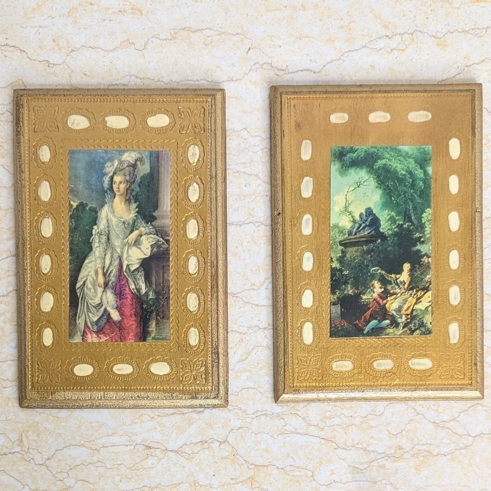 Vintage Italian Florentine Gold Gilt Pair Garden Scene Lady Portrait Wooden Art